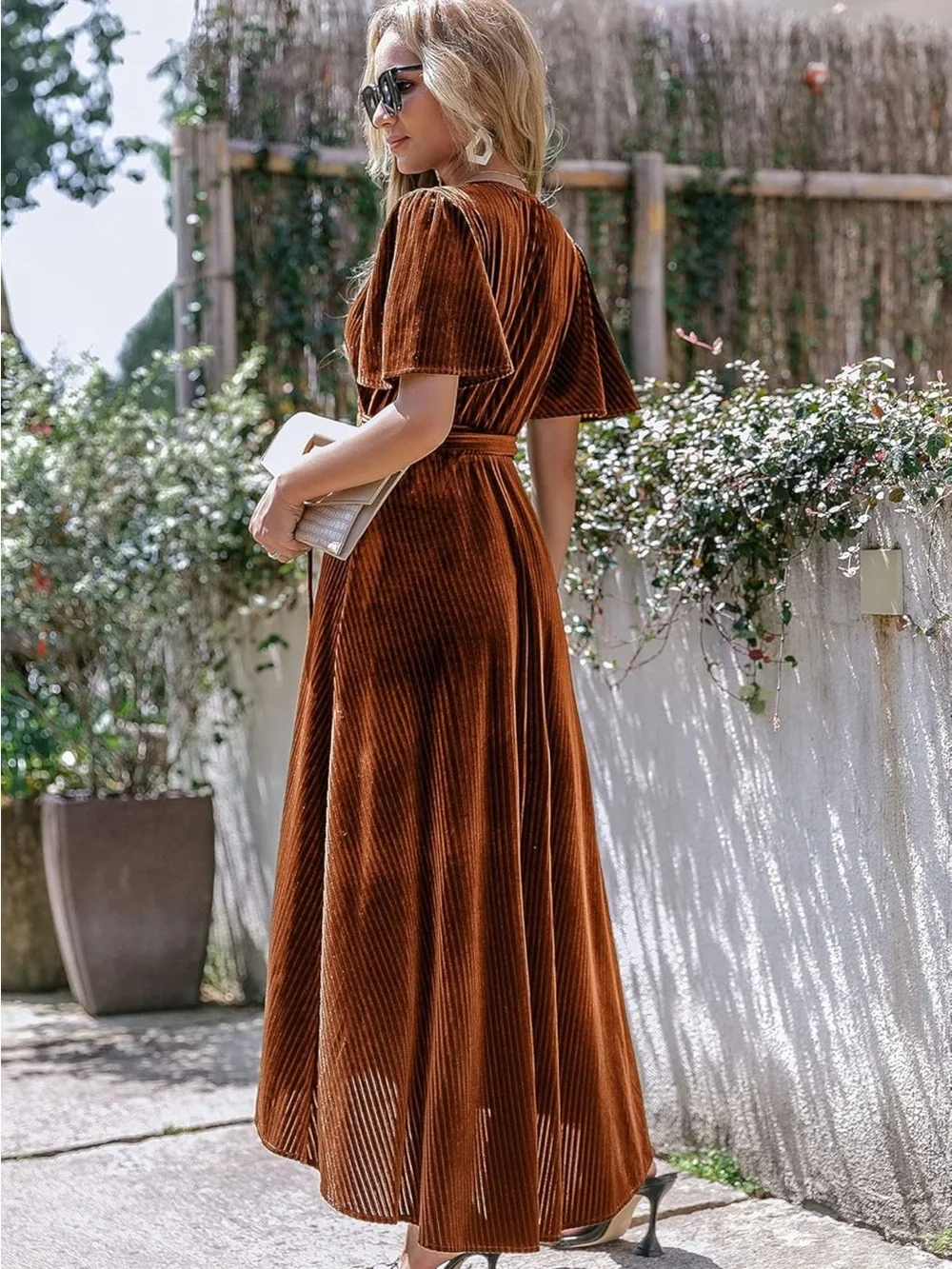 Women’s Burnt Orange Velvet Wrap Midi Dress XS Pleated Short Sleeve